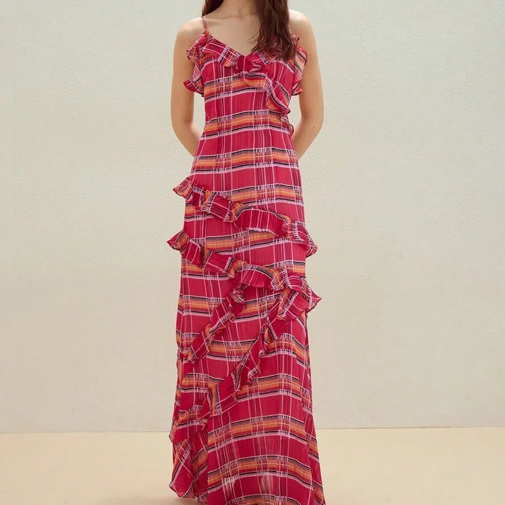 Red Boho Women's Plaid Ruffle Trim Cami Dress - Picture 7 of 7